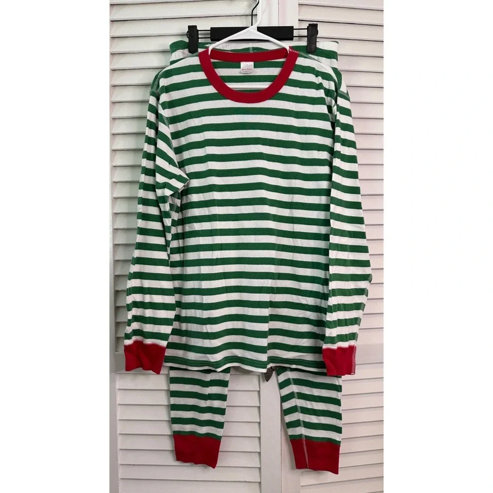 Hanna Andersson Adult Size L Green & White Striped Organic Cotton Pajama Set